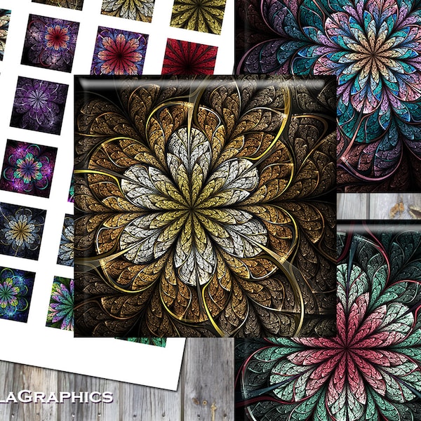 Digital Collage Sheet - Instant Download - Square Size 2" + 1.5" + 1" Printable Images - Fractal Flowers