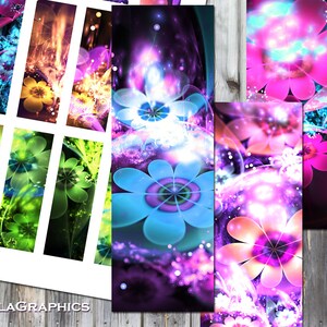 Puede incluir: Un conjunto de marcadores digitales imprimibles que presentan flores abstractas coloridas con luces brillantes y un esquema de color morado, rosa y azul. Los marcadores están diseñados para ser impresos y recortados.