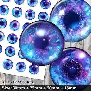 Galaxy Blue Doll Eyes - Digital Collage Sheet - Circle 30mm + 25mm + 20mm + 18mm - Instant Download Printable Image - US letter + A4 format