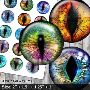 Ojos de dragón de fantasía, Ojos de gato, Hoja de collage digital, Círculo 2 pulg. + 1,5 pulg. + 1,25 pulg. + 1 pulg., Descarga instantánea imprimible, Carta de EE. UU. + Formato A4