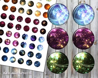 May include: A sheet of colourful, round, galaxy-themed stickers with a white background. The stickers feature various colours, including blue, purple, green, and orange. The stickers are perfect for adding a touch of whimsy to crafts, journals, and other projects.