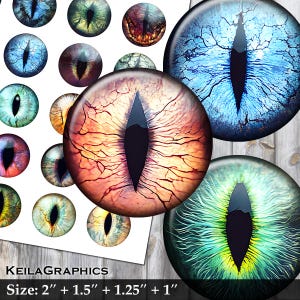 Fantasy Dragon Eyes, Cat Eyes - Digital Collage Sheet - Circle 2&quot; + 1.5&quot; + 1.25&quot; + 1&quot; - Instant Download Printable - US letter + A4 format