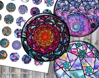 Digital Collage Sheet - Instant Download - Circle Size 2" + 1.5" + 1.25" + 1" - Bottle Cap Printable Images - Fractal Stained Glass Spirals