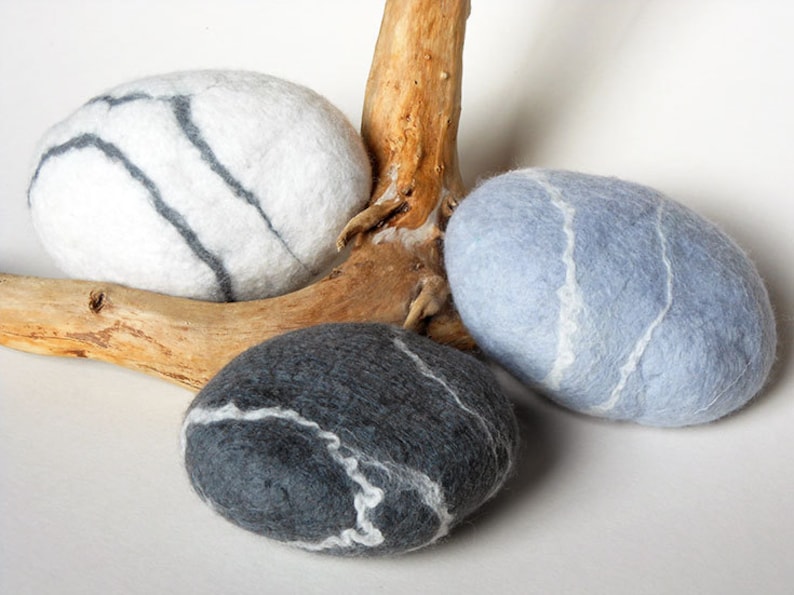 Natural gift set wool decor pebbles natural home decor eco friendly gift felted decor river rock ornament felted pebbles.