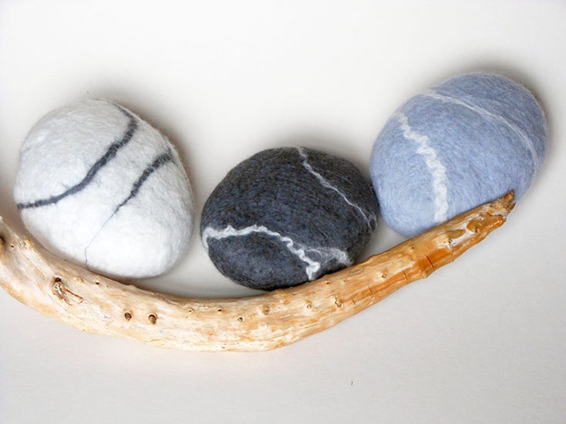 Natural gift set wool decor pebbles natural home decor eco friendly gift felted decor river rock ornament felted pebbles.