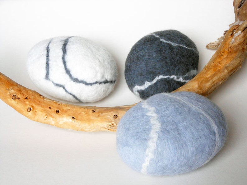 Natural gift set wool decor pebbles natural home decor eco friendly gift felted decor river rock ornament felted pebbles.