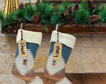 Christmas Stockings, Southwestern Wool with Sherpa Fleece Collar and Optional Personalized Beaded Name Tag