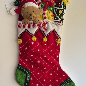 Bucilla Stocking, &quot;Stocking filled with toys&quot;, handmade, finished