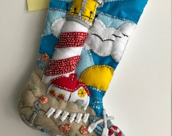 Bucilla christmas stocking  &quot;Light Hous Christmas&quot; Handmade and Finished