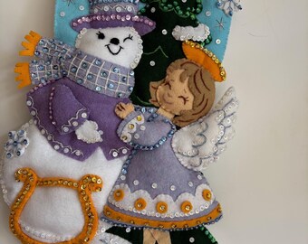Bucilla Christmas stocking , " Snowman with an Angel" Handmade, Finished.