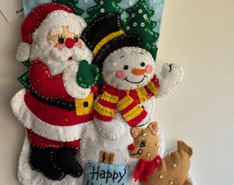 Bucilla Stocking , " Santa -Happy Holidays", handmade finished.