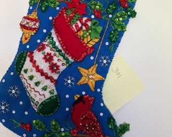 Bucilla christmas stockings, " Birds with their Christmas Stocking" handmade, Finished.