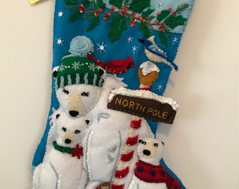 Bucilla christmas stocking "NORTH POLE Polar Bears" handmade, finished.