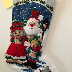 bucilla Christmas stocking &quot;Singing Santa and friends&quot; , handmade, finished.