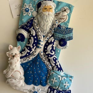 Bucilla stocking, &quot;Santa in the snow and hIs friends&quot; handmade, finished.