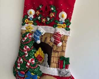 Bucilla stockings "Christmas at Home" handmade, finished