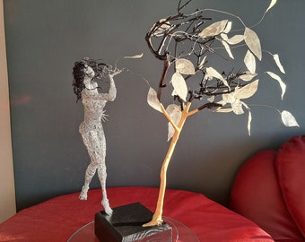 Winter Twilight sculpture, Twilight dark fairy, blown away leaves art, steel wire Lady statue, design home decor, Dormant Earth art statue