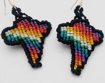 Wiphala flag sudamerica macrame maps earrings, statement colorful jewelry, handmade unique earrings.