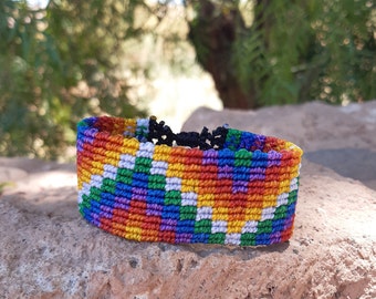 Wiphala flag hand knotted macrame bracelet, andean flag design wristband, multicolored unisex woven rainbow jewelry, unique ethnic gift.