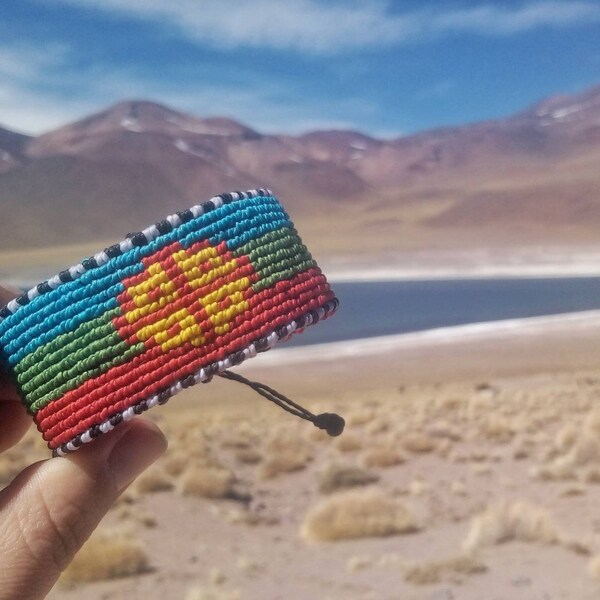 Mapuche macrame bracelet, ethnic design wristband, hand knotted big colorful cuff, natural stones jewelry.