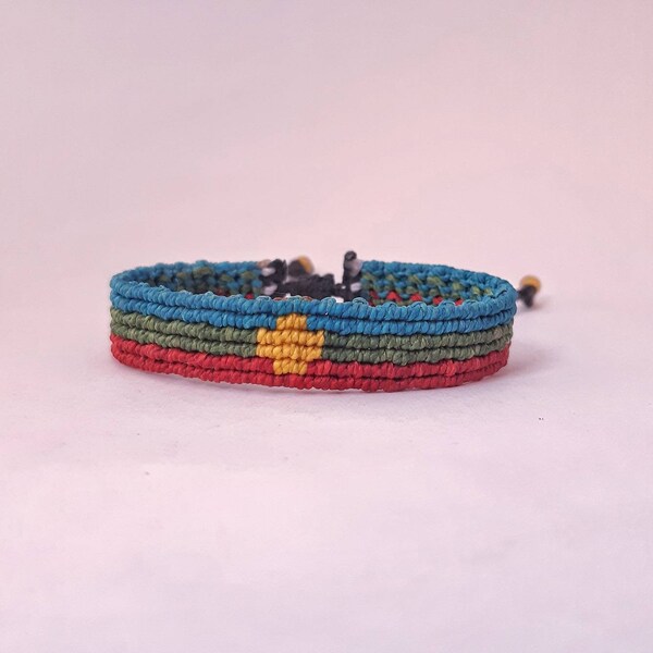 Mapuche macrame bracelet, ethnic design wristband, hand knotted big colorful cuff, natural stones jewelry.