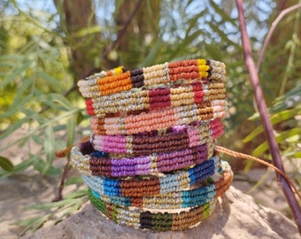 Carnaval inspired shiny macrame thin bracelet, andean small minimalistic ethnic wristband, colorful andean chilean atacama textile jewelry.