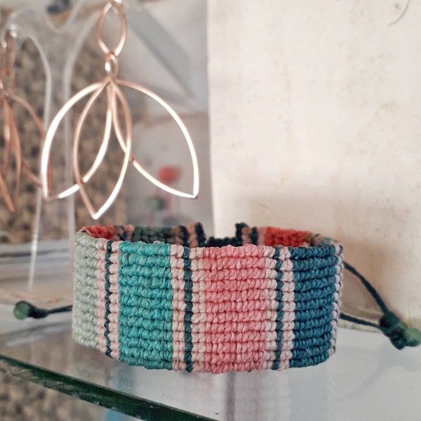 Wide aguayo macrame bracelet in pastel colors, ethnic colorful wristband.