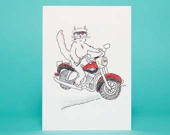 Motorcycle Cat Birthday Card – Hand-drawn Art (5x7in)