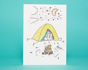 Anniversary Card - Cool Cat Camping Art, 5x7 Greeting Card