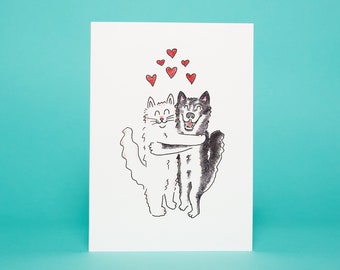 Cat & Dog Best Friends Card - Hand-drawn 5x7 Greeting
