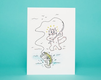 Cat Fishing Card - You're A Catch, Hand Drawn Artwork (5x7in)