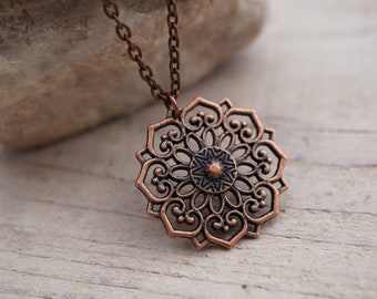 Red Copper Filigree Flower Mandala Dangle Earrings, Boho, Etnic, Oriental, Festival
