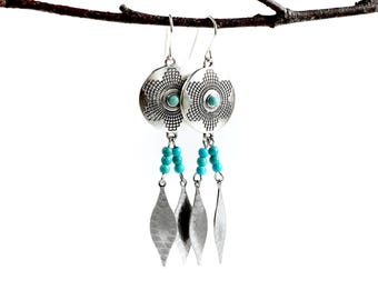 Boho Long Earrings, Sterling silver ear hook, Tribal earrings