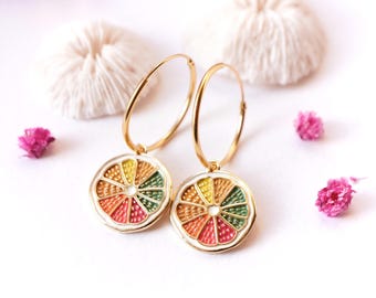 Colorful Citrus Slice Sterling Silver Hoop Earrings • Summer Jewelry • Enamel Orange Lemon Charm • Cute Statement Earrings
