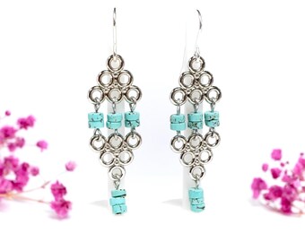 Turquoise Dangle Earrings * Silver Geometric Earrings with Turquoise Beads