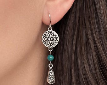 Boho Mandala Dangle Earrings, Sterling silver ear hook, Tribal earrings