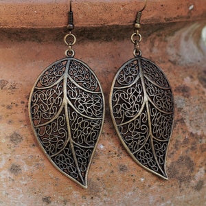 Large Filigree Rustic Bronze Leaf Earrings *Boho* Festival* Bohemian* Large leaf earrings*