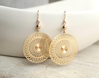 Delicate Gold Filigree Mandala Earrings * Boho Dangle Earrings * Feminine * Oriental Jewellery * Gold filled ear wire