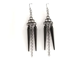 Schwarze Doppel Spike Ketten Ohrringe, Gothic Ohrringe, Gothic, Goth, Steampunk