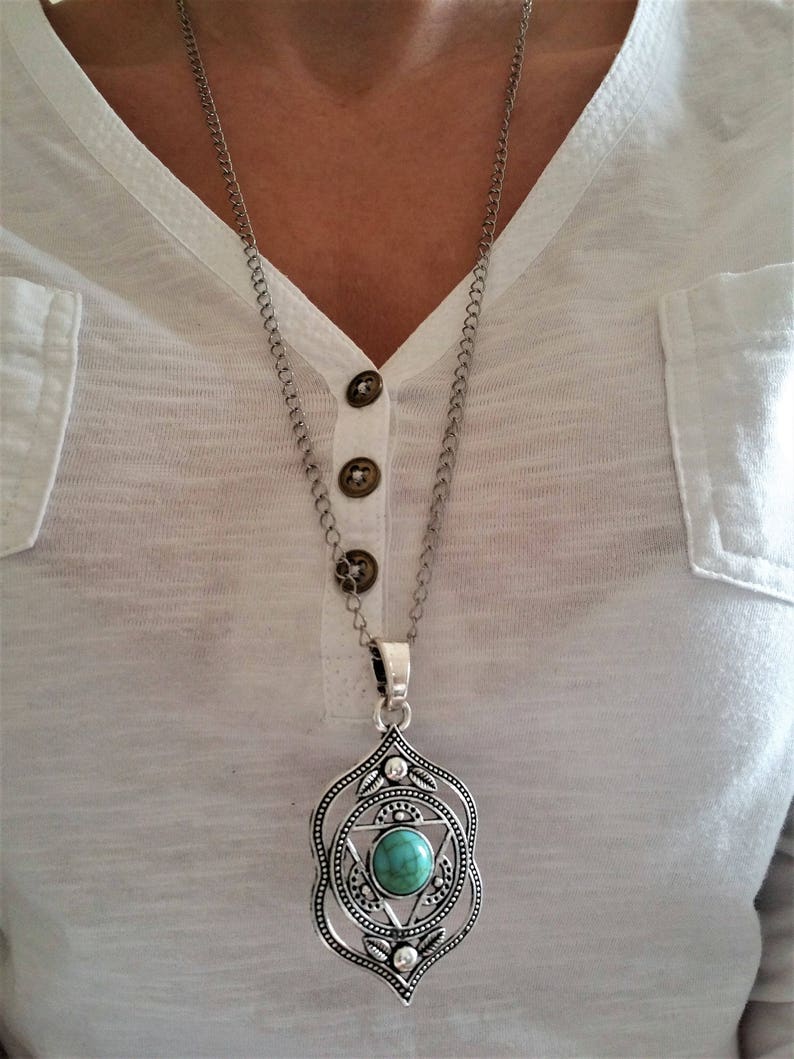 Boho Antique Silver Oval Leaf Long Necklace Chain Leather *Boho *Festival* Symbol Ethnic Bohemian Spirit