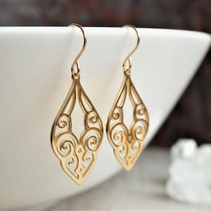 Gold Filigree Drop Delicate Earrings * Gold Dangle Earrings * Feminine * Oriental