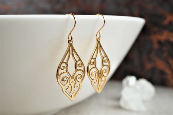 Gold Filigree Drop Delicate Earrings Gold Dangle Earrings Feminine Oriental Etsy