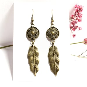 Long Bronze Leaf Earrings, Boho earrings