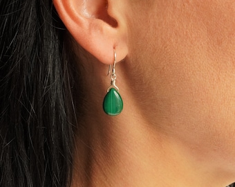 Malachite Drop Earrings * Gift for her * Dark green stone *