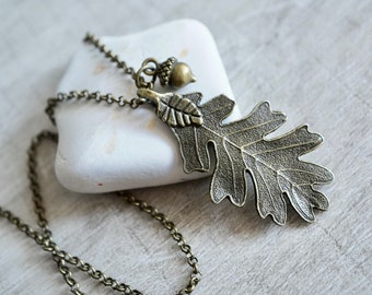 Bronze Acorn Oak Leaf Long Necklace, Oak tree, Autumn Jewelry, Celtic jewellery