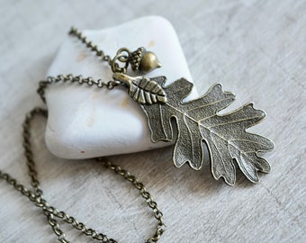 Collar largo de bronce con bellota y hoja de roble, árbol de roble, joyería de otoño, joyería celta