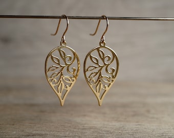 Gold Filigree Leaf Drop Earrings * Gold Dangle Earrings * Feminine *