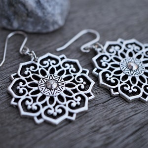 Silver Filigree Flower Mandala Dangle Earrings, Sterling silver ear hook, Boho, Ethnic, Oriental, Festival