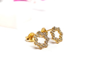 Gold Circle Stud Earrings * Cubic Zirconia Studs * Minimalist earrings