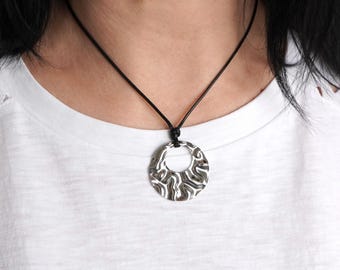 Silver Stainless Disc Cord Necklace, Boho
